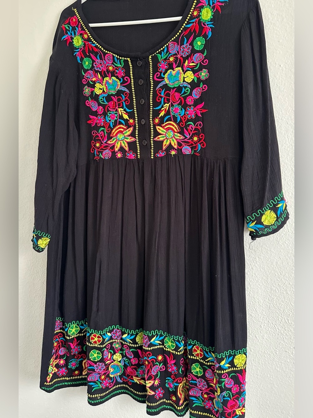 Black Boho Embroidered Tunic Dress